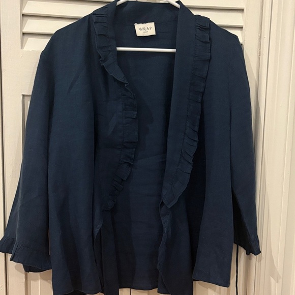 Wrap London Tops - Navy Ruffled Wrap Linen Blouse